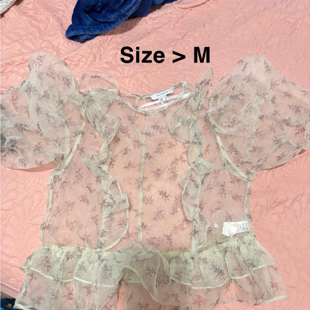 Primark Green Puff Sleeve Blouse with Ruffled Sheer Fabric and Bib Collar